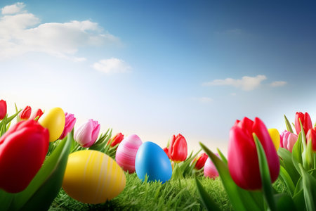Easter eggs and tulips in green grass on blue sky backgroundの素材