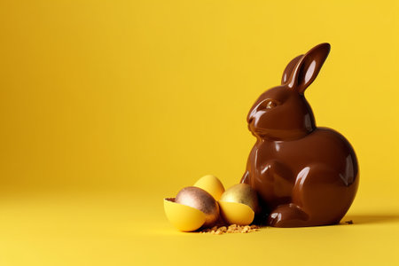Chocolate Easter bunny with eggs on a yellow background. Copy space.の素材