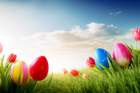 Easter eggs and tulips on green grass with blue sky backgroundの素材