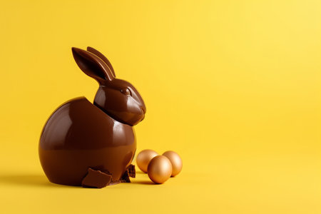 Chocolate Easter bunny and eggs on a yellow background. Copy space.の素材