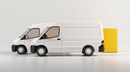 3d rendering of a white van with yellow box on white backgroundの素材