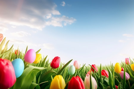 Easter eggs and tulips on green grass with blue sky backgroundの素材