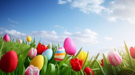 Easter eggs and tulips on green grass with blue sky backgroundの素材