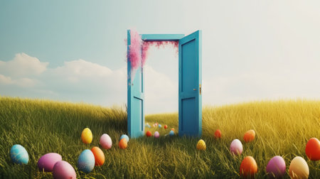 Easter eggs in front of a door in a green meadowの素材