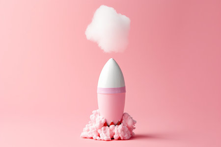 Pink rocket with clouds on a pink background. 3d rendering.の素材