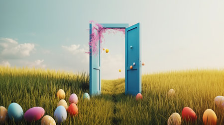 Easter eggs in the meadow with blue door. 3d renderの素材