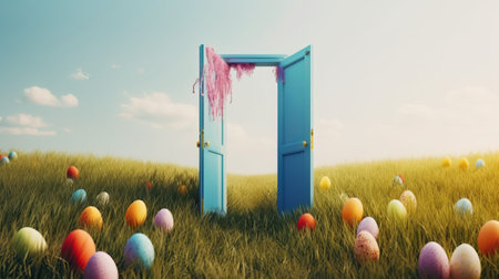 3d render of Easter eggs in a meadow with an open doorの素材