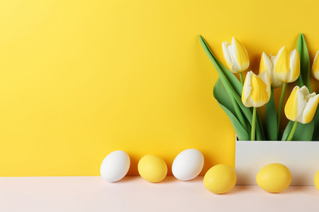 Easter eggs and tulips on yellow background. Minimal easter concept.の素材
