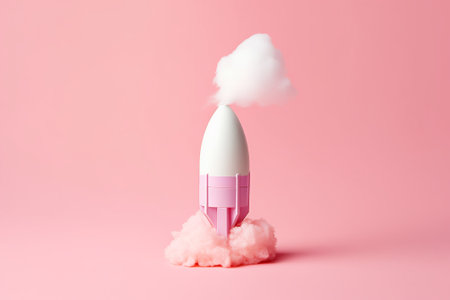 Pink rocket with white cloud on pink background. Minimal creative conceptの素材