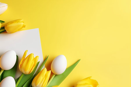 Easter greeting card with yellow tulips and eggs on yellow backgroundの素材