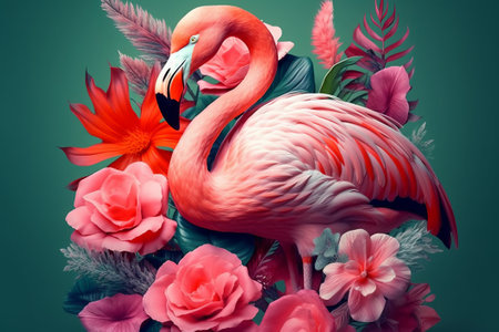 Flamingo with tropical flowers on green background. 3d renderingの素材