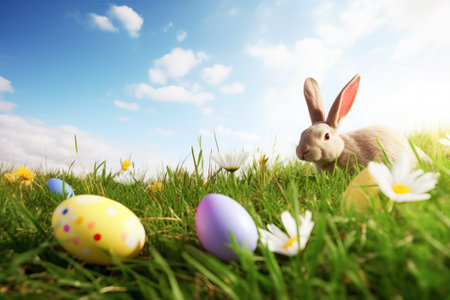 Easter bunny and easter eggs on green grass with daisiesの素材