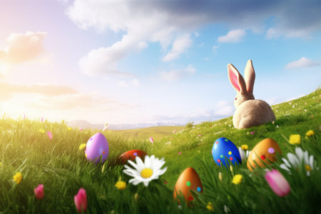 Easter bunny and colorful eggs on green meadow. Easter holiday conceptの素材