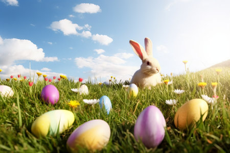 Easter bunny and colorful eggs on green grass with flowers in sunny dayの素材
