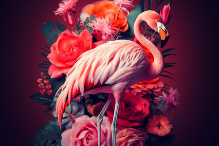Pink flamingo with tropical flowers on a dark background. Toned.の素材