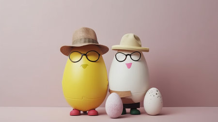 Cute penguin with hat and eyeglasses and easter eggsの素材