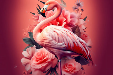 Pink flamingo with flowers on a red background. 3d renderingの素材
