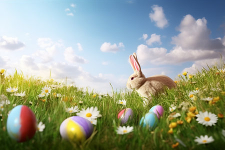 Easter bunny with colorful eggs on green grass and flowers background.の素材