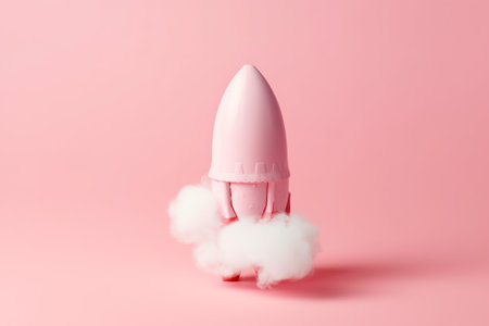 Pink rocket with white clouds on pink background. Minimal creative concept.の素材