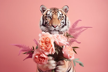 Cute tiger holding bouquet of flowers and looking at camera isolated on pinkの素材