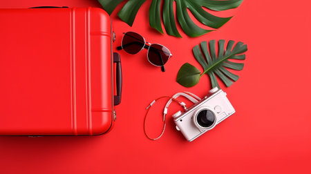 Red suitcase with sunglasses, camera and monstera leaf on color backgroundの素材