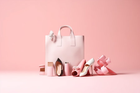Shopping bag and female shoes on pink background. Copy space.の素材