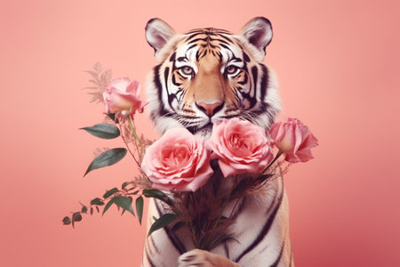 Beautiful tiger with bouquet of pink roses on pink background.の素材