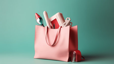 Pink shopping bag with stationery on a green background. 3d renderingの素材