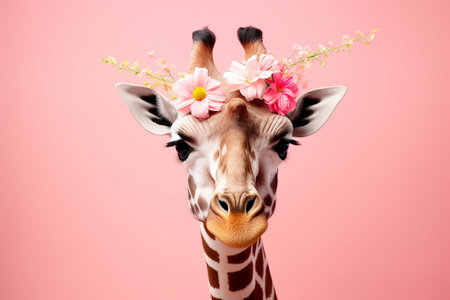 Giraffe head with flowers isolated on pink background. Studio shot.の素材