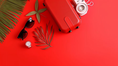 Red suitcase, sunglasses, compass and palm leaves on red background with copy spaceの素材