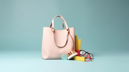 Pink bag, eyeglasses and books on blue background. 3d renderingの素材