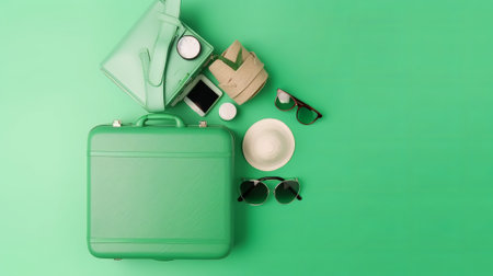 Green suitcase, sunglasses, hat and coffee cup on green background with copy spaceの素材