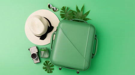 Green travel suitcase with hat, sunglasses, camera and clover leaves on green backgroundの素材