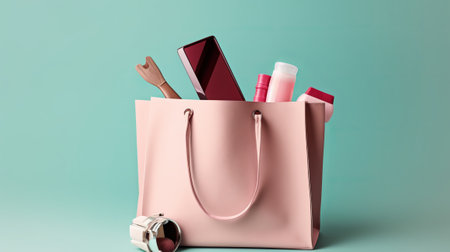 Pink shopping bag with cosmetics and smartphone on aquamarine background.の素材