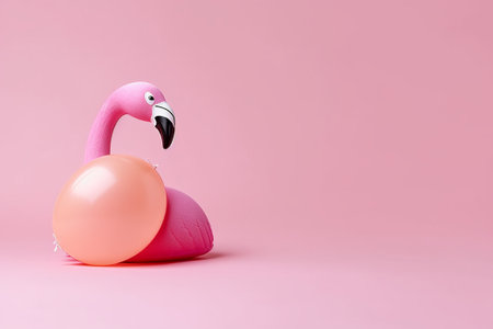 Pink flamingo toy on pink background. Minimal summer concept.の素材