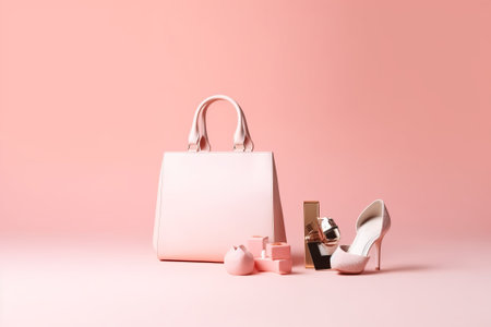 pink women's bag, shoes and lipstick on a pink backgroundの素材