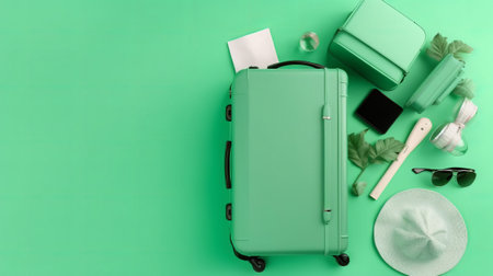 Green suitcase with travel accessories on green background. Flat lay, top view.の素材