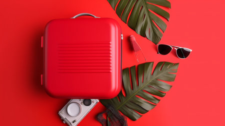 Red suitcase, sunglasses, camera and tropical leaves on red background. Top viewの素材