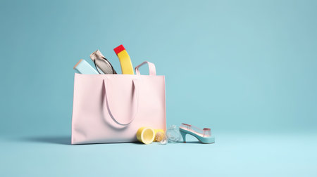 Pink shopping bag with shoes on blue background. 3D rendering.の素材