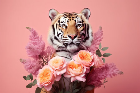 bouquet of flowers and tiger on a pink background with copy spaceの素材