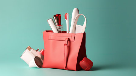 Red bag with stationery on a blue background. 3d renderingの素材