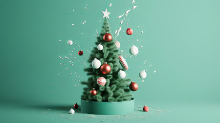 3d render christmas tree with red and white balls and confetti on green backgroundの素材