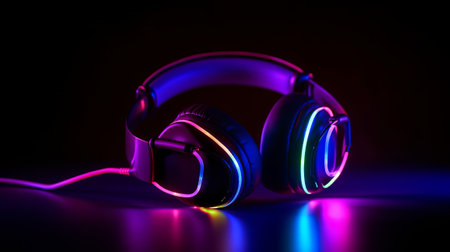 Headphones on a black background with multicolored neon lights.の素材