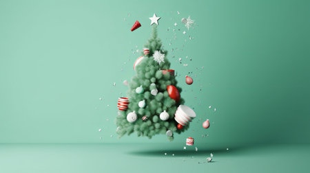 3d rendering of christmas tree with balls and snowflakesの素材