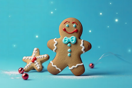 Gingerbread man on a blue background with stars. Christmas and New Year concept.の素材