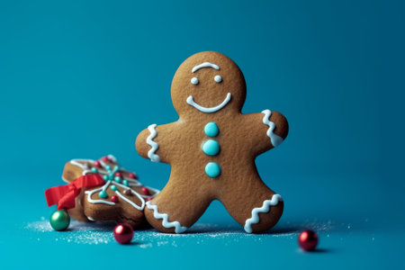 Gingerbread man with christmas decoration on a blue background.の素材