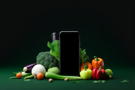 Smartphone with blank screen surrounded by fresh vegetables on dark background.の素材
