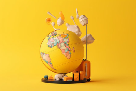 Travelling concept with globe on yellow background. 3d illustrationの素材