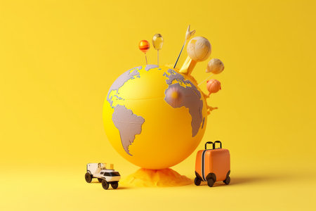 Travel and vacation concept with globe and luggage on yellow background. 3d renderingの素材