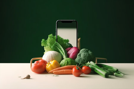 Smartphone with fresh vegetables and fruits on white table against green backgroundの素材
